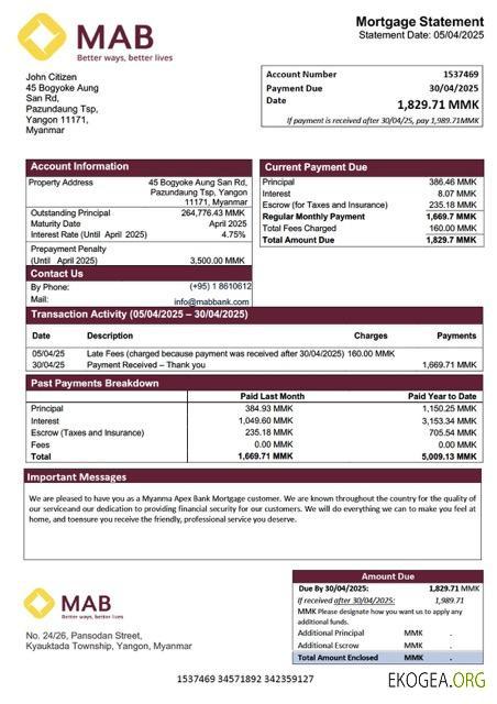 Modèle Word et PDF de relevé hypothécaire de la Myanma Apex Bank